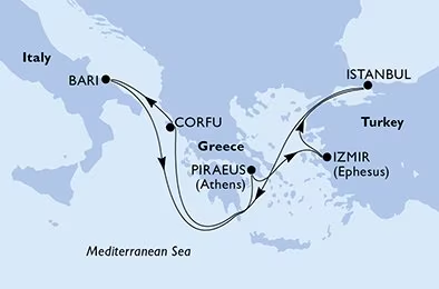 MSC SINFONIA<br>Itinerario Crociera:<br>ITALIA, TURCHIA, GRECIA